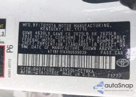2017 Toyota Camry Le z USA, uszkodzony, nr VIN 4T1BF1FK4HU699039